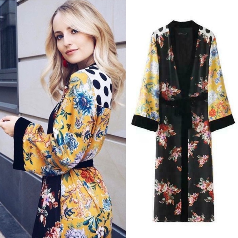 🍒 KIMONO ROBE DUSTER MIDI LONG FLOWER POLKA DOT FLORAL SLEEVE BOHO CHIC ASIAN - Picture 12 of 12